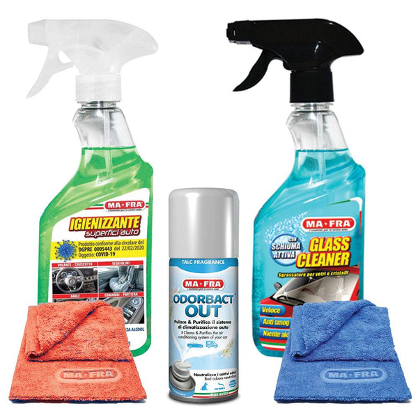 Kit Pulizia Interni Auto - Igienizzante Superfici, Sgrassatore Vetri - Igienizzante Clima - 2 Panni Microfibra